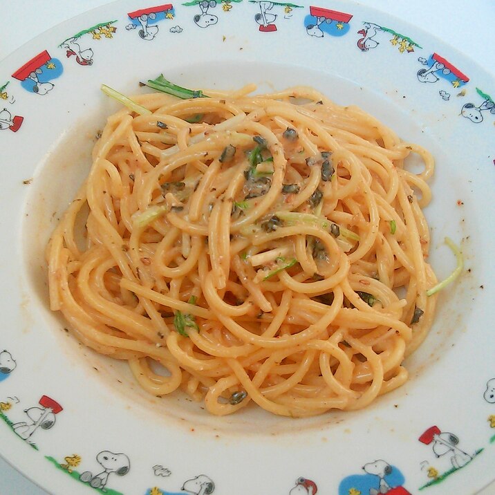 ずぼらレシピ★わかめと水菜と明太子の和風パスタ